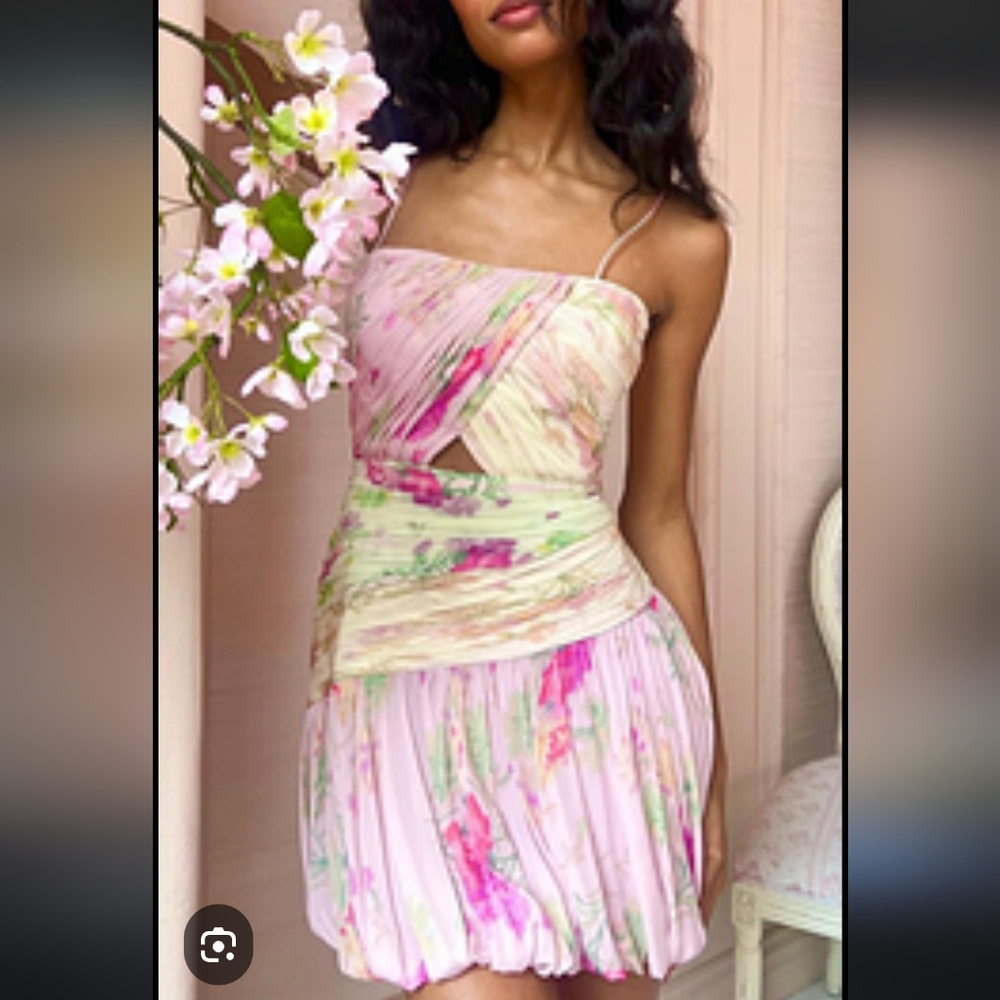 Cherley Ruched Pink Yellow Floral Cut Out Chiffon  Spaghetti Strap Bubble Dress